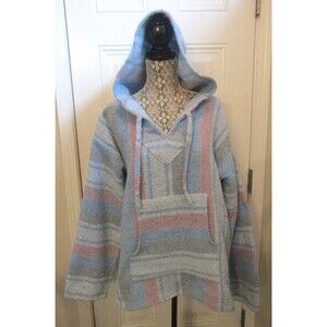 Mexican Baja Blue Blanket Hoodie Artesanias Cuamatzi Surfer Skater Pullover Sz L
